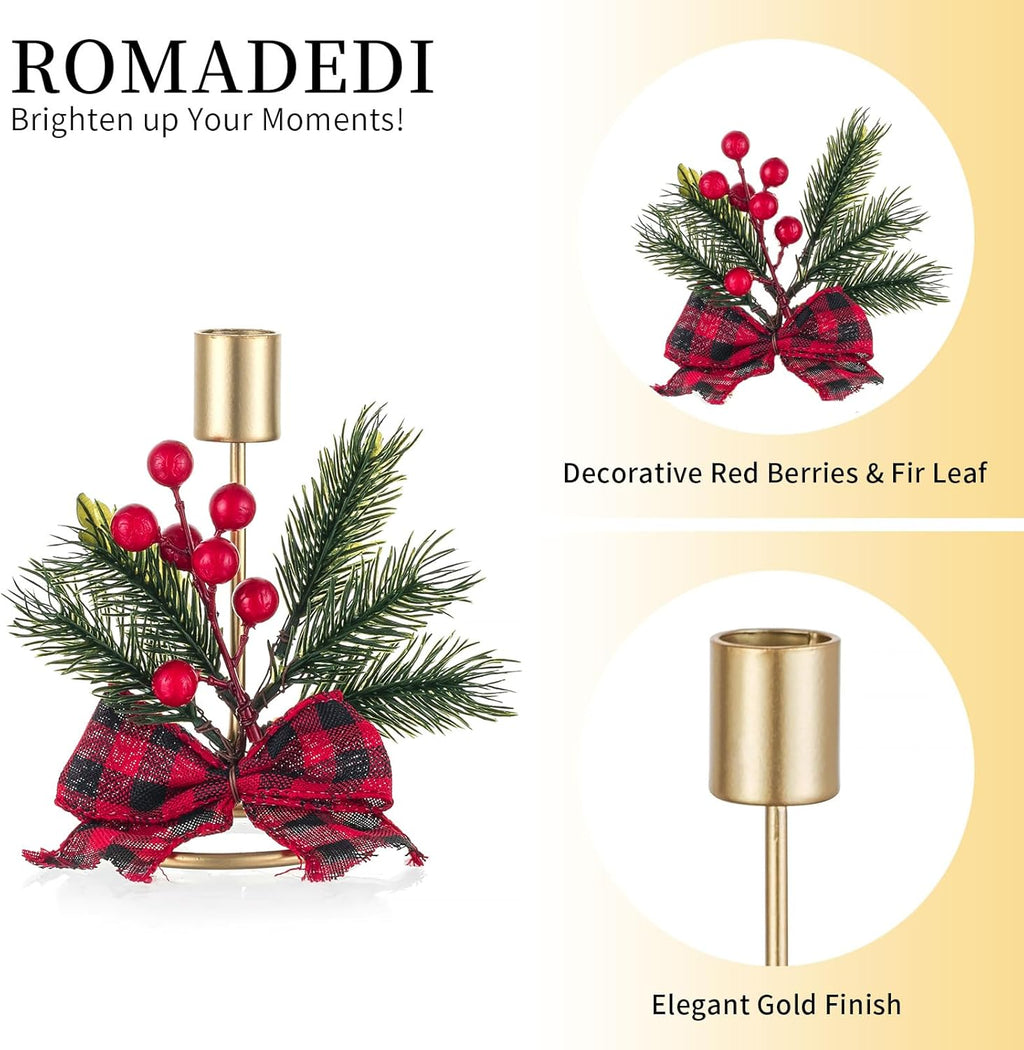 Romadedi Candle Holders - Gold Taper Candlestick Holders with Red Berry Decor | Set of 2 for Festive Christmas Centerpieces