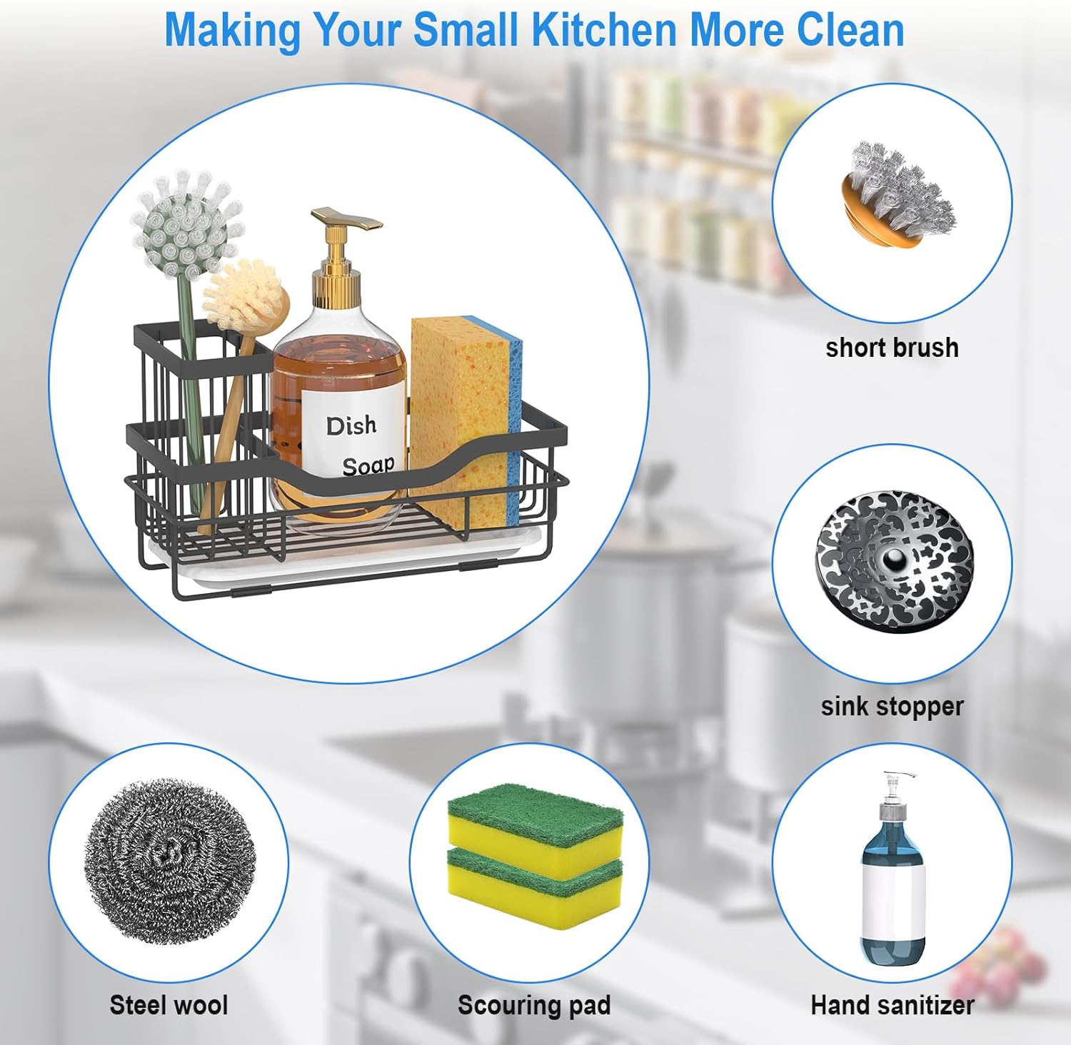 Skiennix Kitchen Sponge Holder - Multifunctional Rustproof Sink Organizer with Detachable Brush Holder & Drain Tray