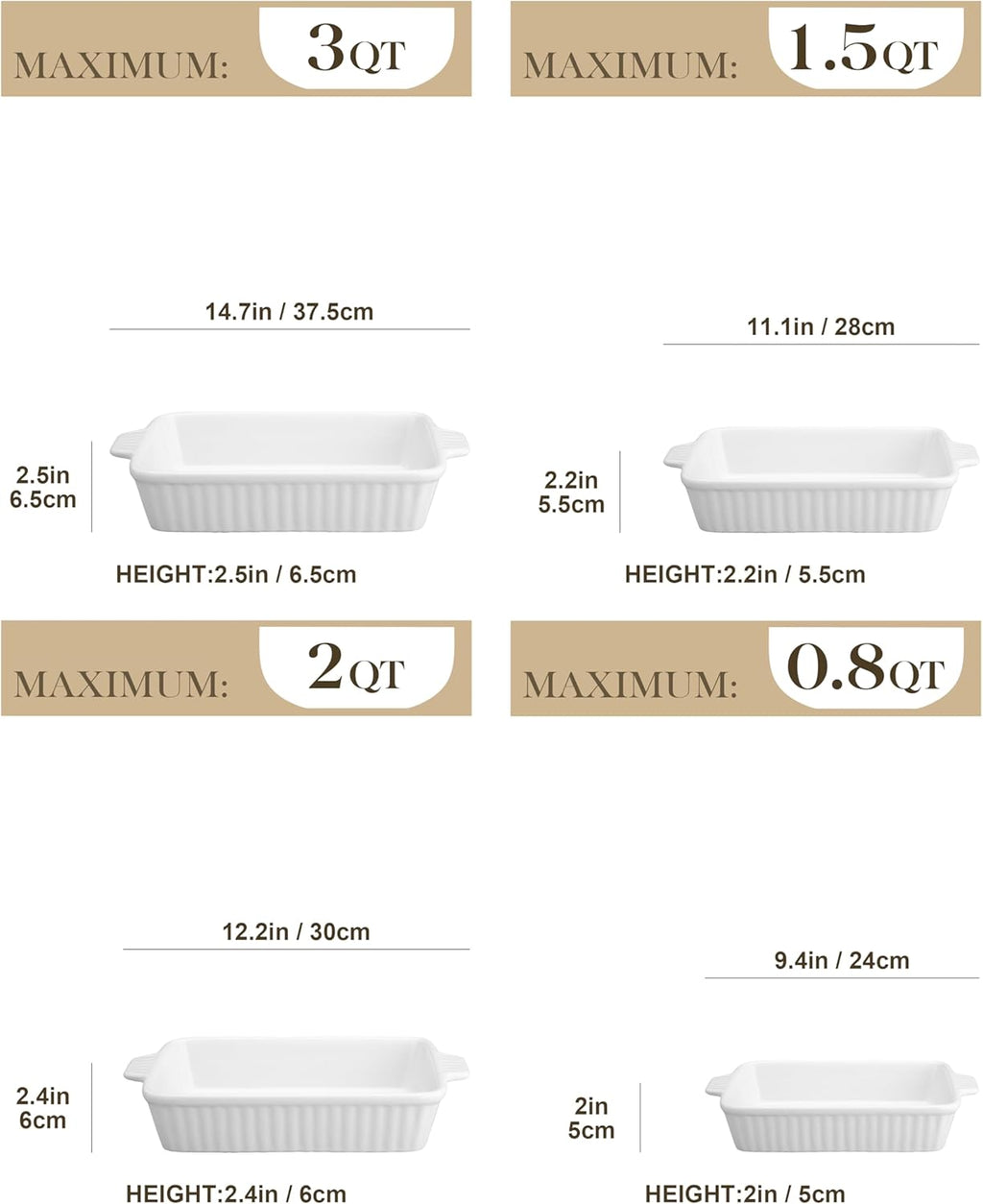 MALACASA Casserole Dishes - Porcelain Bakeware Set of 4 in White and Orange for Oven Cooking