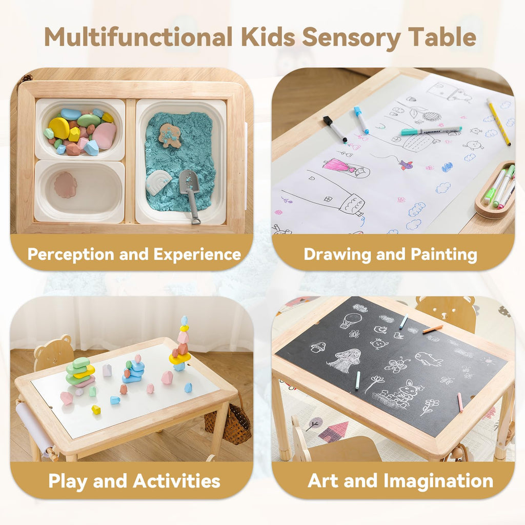 IEATFO Rubber Wood Montessori Sensory Table - 3 Foldable Storage Bins, Reinforced Frame, Height Adjustable Children's Table - Multifunctional Kids Activity Table Promotes Sensory Experiences & Growth
