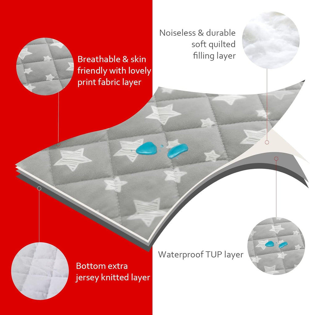Skiennix Crib Mattress Protector - Waterproof Quilted Pad Cover | Extra Soft & Breathable, 52" x 28", Grey & White Star (2 Pack)