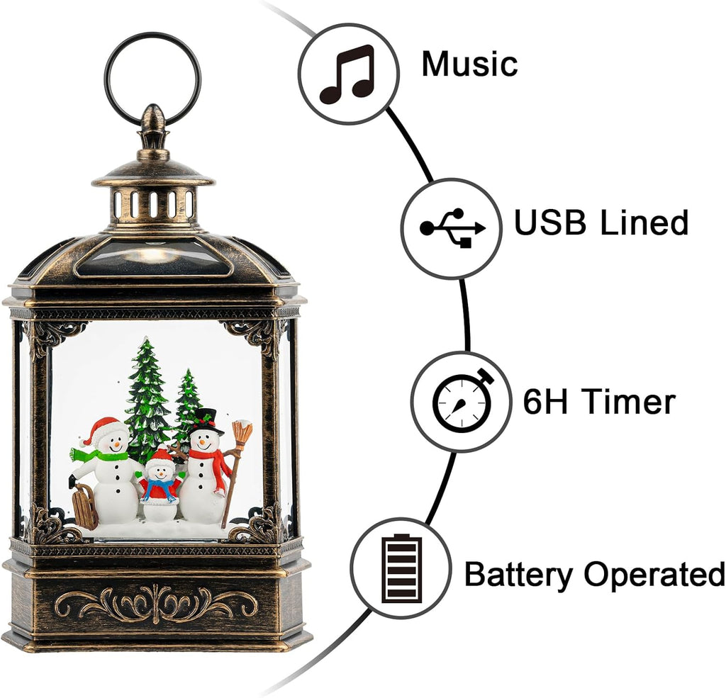 VISFLAIR Christmas Snow Globe - Lighted Snowman Family Musical Lantern with Swirling Glitter | Holiday Decor
