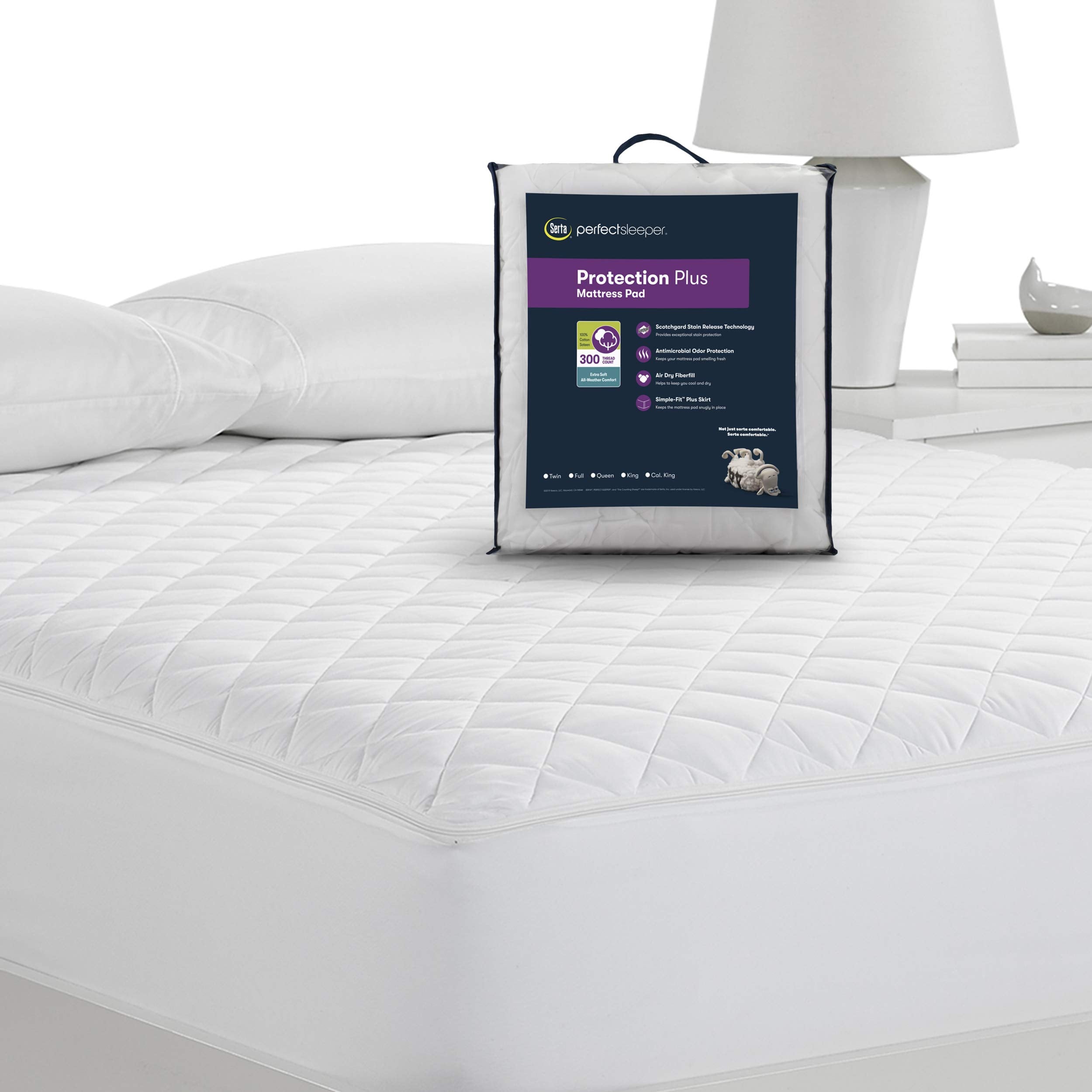 Serta Protection Plus Fiber Fill Cooling Fitted Mattress Pad Cover, Twin, White