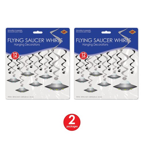 Beistle Flying Saucer Whirls – 24 Pack, Black & Silver Hanging Swirl Decorations with UFO Cutouts, Space-Themed Ceiling Décor for Alien Parties, Sci-Fi Events & Cosmic Galaxy Celebrations, 17½"–25"
