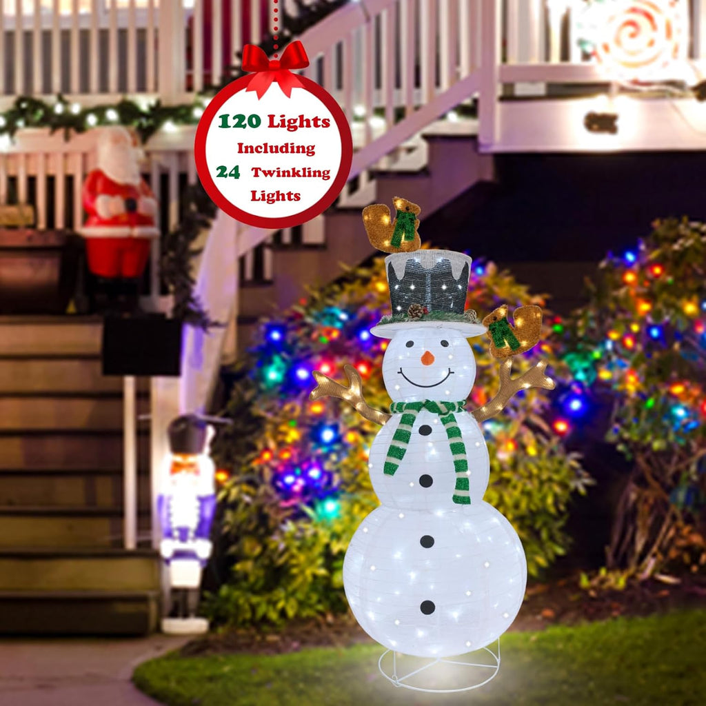 Skiennix Lighted Snowman Outdoor Christmas Decoration - Prelit 120 LED Lights, Collapsible Design | Green