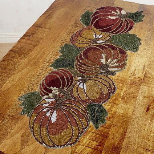 Halloween Pumpkin Beaded Table Runner for Fall - Halloween Decoration Table mat Fancy Colourful red Orange Yellow Brown Multicolour - for Theme Party Celebrations