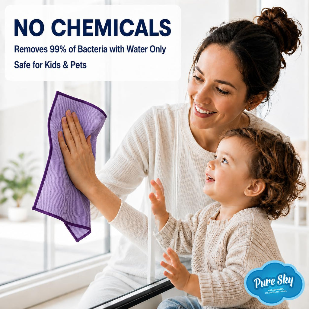 Pure Sky Window & Glass Cleaning Cloth Patented DUO-FECT Technology Streak-Free, No Chemicals, Removes Up to 99% of Bacteria with Water Only Reusable Microfiber Cleaner for Windows, Mirrors, Cars