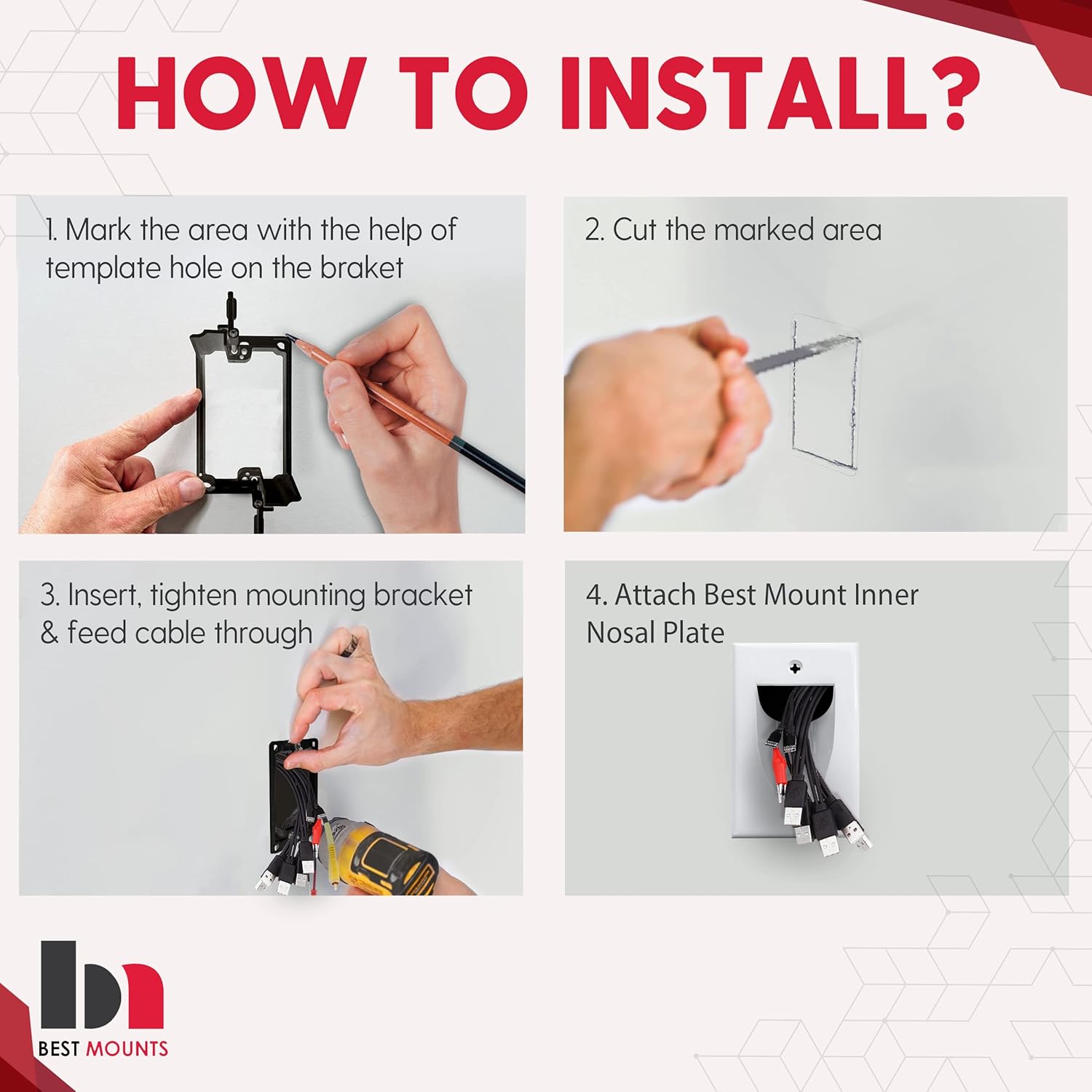 Wall Plate Cable Pass Through Kit by [Brand Name] - 2 Pack Recessed Cable Management with Bracket