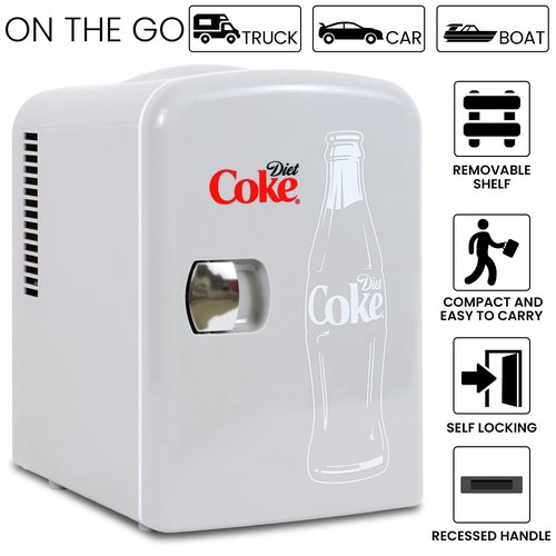 Koolatron Diet Coke Mini Fridge - Refrigerator for Bedroom Skincare Office, Portable Table Top Beverage Cooler, 12V 110V Refrigerador For Drinks, Soda, Wine, Use In Car, Dorm, Outdoor, Patio, 6 Can