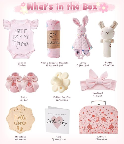 Golray Baby Girl Gift Basket - Adorable Rattle, Blanket & Bodysuit Set for Newborns | Perfect Baby Shower Gift