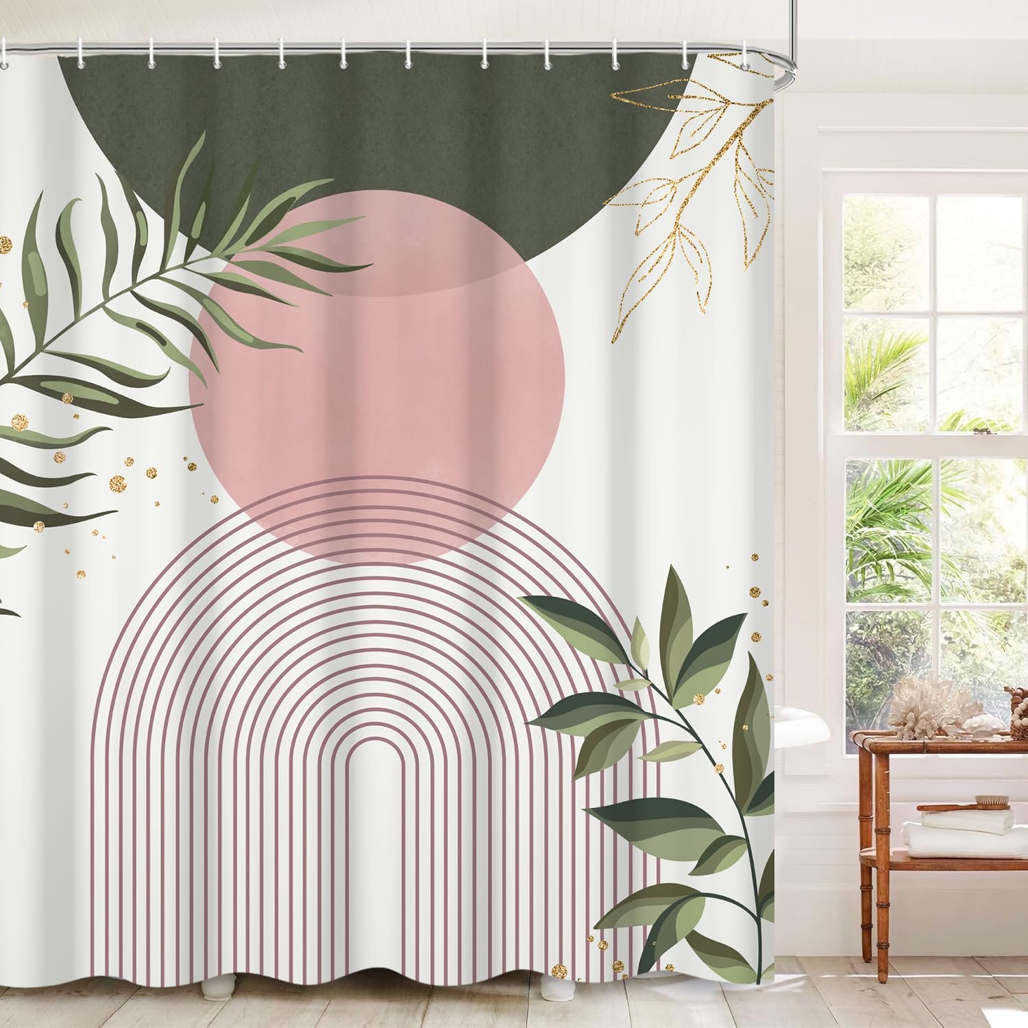 CRTPOD Boho Mid Century Shower Curtain, Pink Modern Minimalist Abstract Geometric Sage Green Gold Plant Leaves Bathroom Curtains Washable Waterproof Fabric Buthtub Curtain Set with Hooks 72" Wx72 L