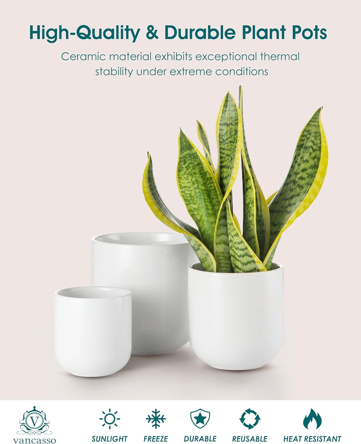 Vancasso Ceramic Plant Pots - Set of 3 (4", 5", 6") | Modern Indoor Planters with Drainage Holes