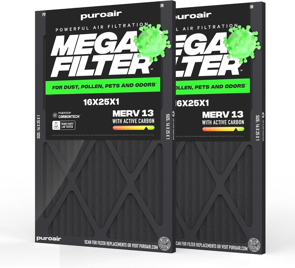 PuroAir MegaFilter - MERV 13 Air Filter with Activated CarbonTech - Heavy Duty 16x25x1 (2-Pack) for Allergens & Odors