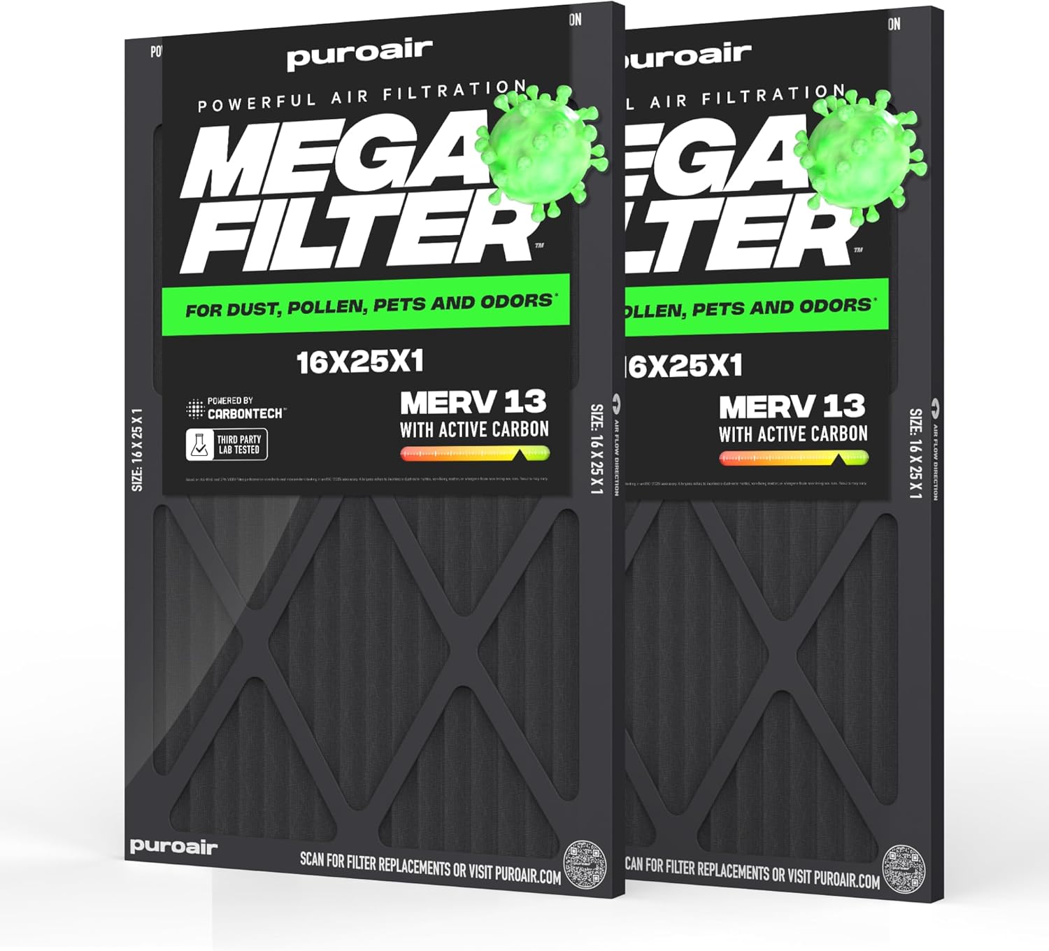 PuroAir MegaFilter - MERV 13 Air Filter with Activated CarbonTech - Heavy Duty 16x25x1 (2-Pack) for Allergens & Odors