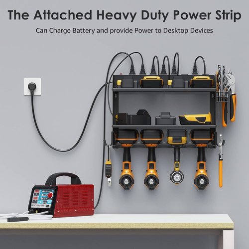 CCCEI Modular Power Tool Organizer - Wall Mount Charging Station with Heavy Duty Shelf & Hooks | Black, 1 Pack