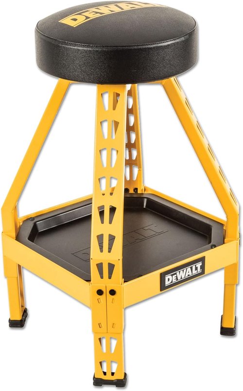 DEWALT Heavy-Duty Metal Stool - 360° Swivel Seat with Storage Tray & Padded Rip-Resistant Seat