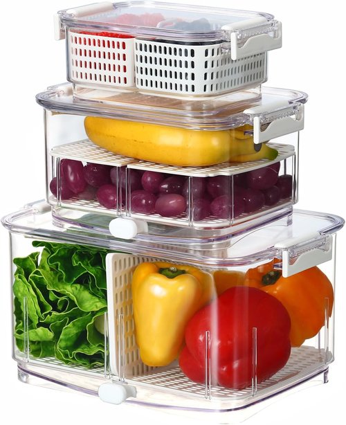Felli Duo Fresh Produce Saver - Fruit & Vegetable Storage Container with Vent & Drainage | Refrigerator Keeper