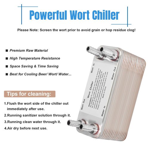 FERRODAY 40 Plate Wort Chiller, 1/2 Barb Fitting Brazed Plate Heat Exchanger, Stainless Steel Homebrew Plate Wort Chiller, Beer Chiller Wort Cooler Heat Exchanger For Brewing-7.5" x 3.8"
