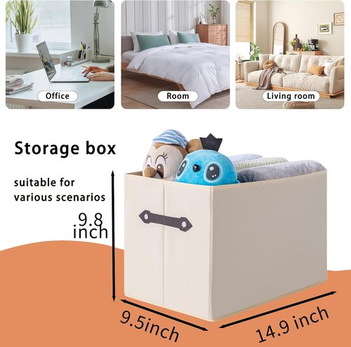 Large Collapsible Storage Baskets by [Brand Name] - Decorative Fabric Organizers with Leather Handles | 14.9"x9.5", Creamy White