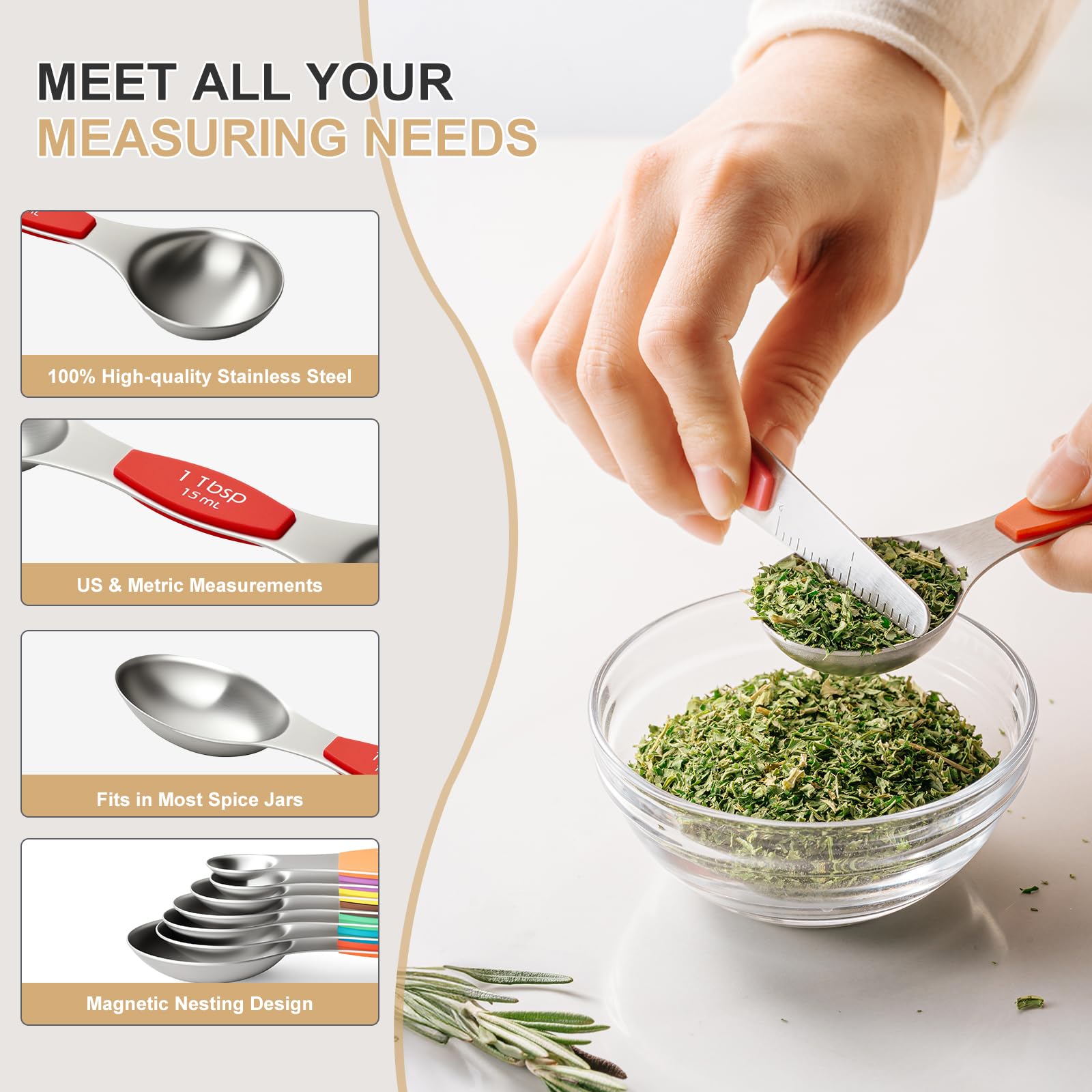 Stainless Steel Measuring Cups & Spoons Set, EWFEN Kitchen Tools Nesting Measuring Cups and Spoons, Fits in Spice Jars for Baking & Cooking, BPA Free, Set of 15 with Leveler, Multicolor