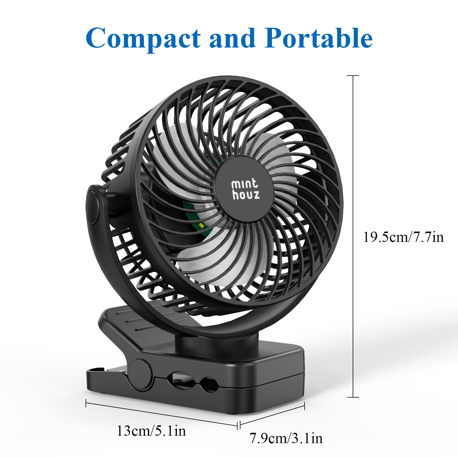 Minthouz Clip on Fan, 12000mAh Desk Fans, 360° Rotation Rechargeable Portable Fan with 45hrs Runtime - Quiet 3 Speeds, Wireless Remote, Timer, Input/Output Ports - Lightweight for Travel & Office
