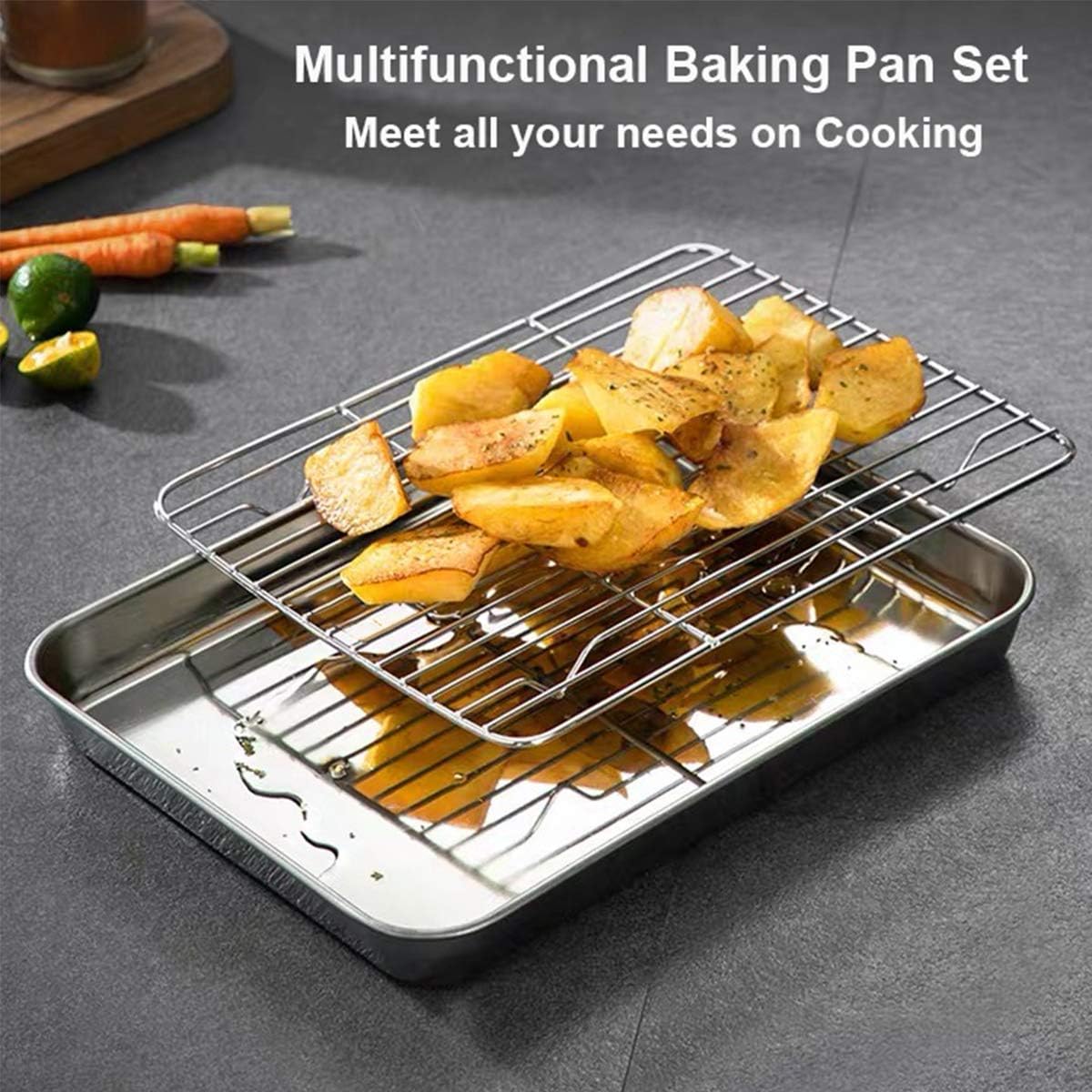 Wildone Baking Sheet Set - Stainless Steel Cookie Pan with Cooling Racks | 2 Sheets + 2 Racks, 10 x 8 x 1 Inch, Non-Toxic & Easy Clean