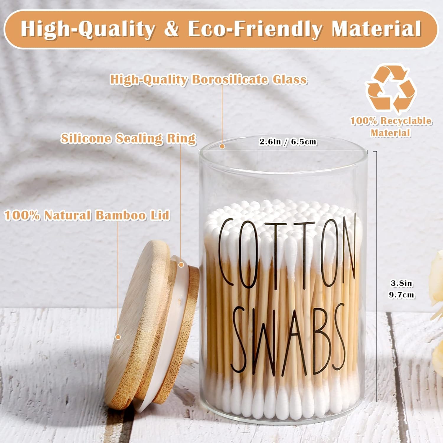 ROADPLUM Qtip Holder Bathroom Set - 4 Pack 10 oz Glass Jars with Lids for Cotton Balls & Makeup Storage