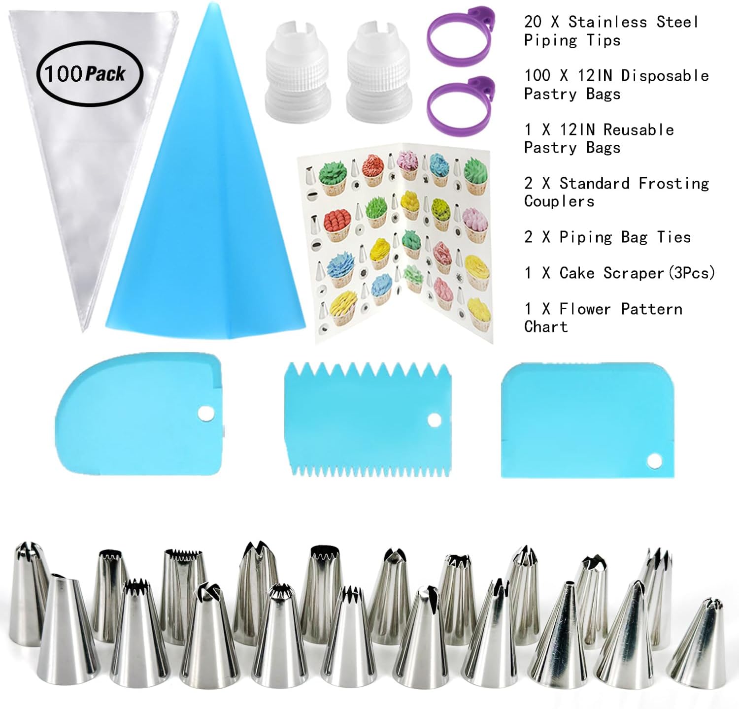 Skiennix Piping Bags and Tips Set - 100PCS Disposable 12-Inch Pastry Bags for Cake Decorating & Frosting