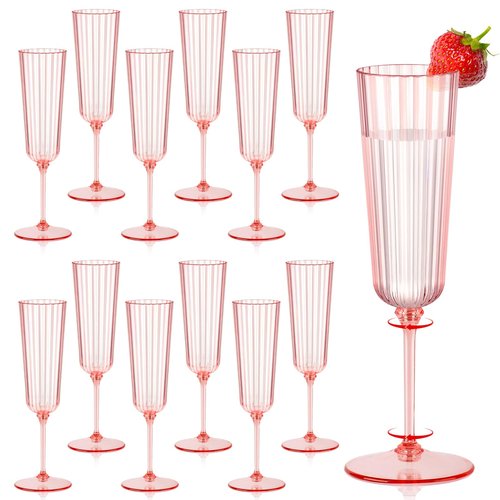 12 Pack Plastic Champagne Flutes Pink Unbreakable Ribbed Champagne Glasses Detachable 5.5 Oz Disposable Stemware Glasses Wine Toasting Cups for Wedding Valentines Engagement Pink Themed Party