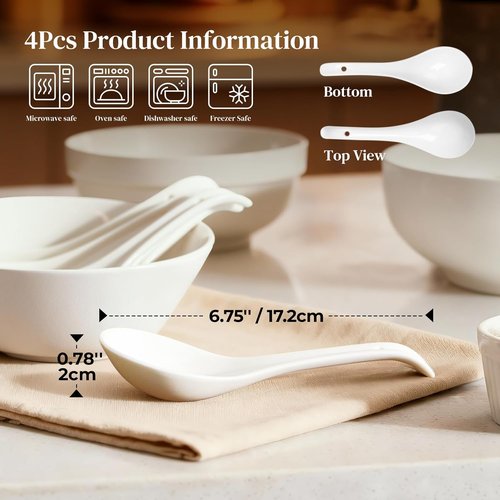 DOWAN Ceramic Soup Spoons - Large White Japanese Spoons for Ramen & Pho | Set of 4 with Deep Oval Hook Design