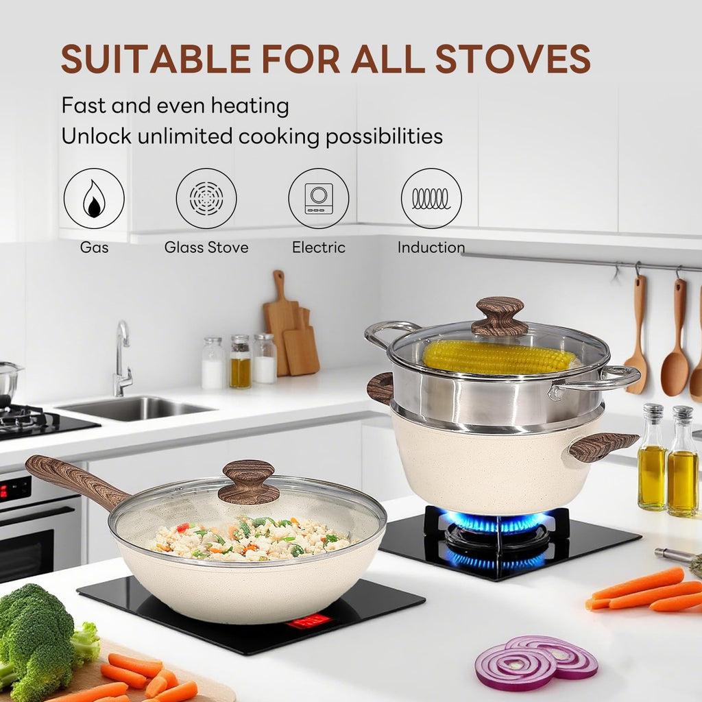 NEWBULIG 17-Piece Nonstick & Non-Toxic Pots and Pans Set, Cookware with Stay-Cool Handles, Induction Compatible, Cream White