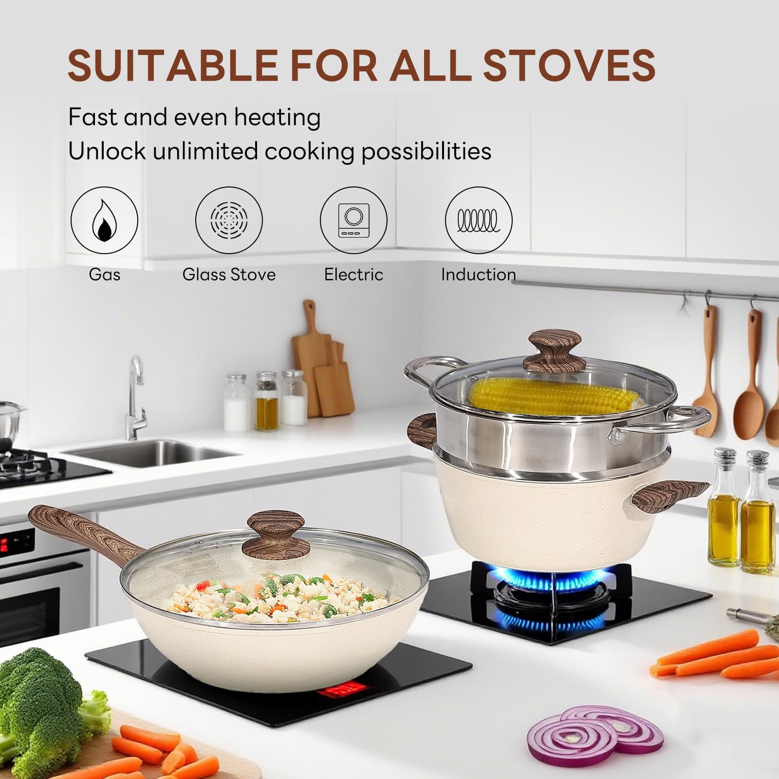 NEWBULIG 17-Piece Nonstick & Non-Toxic Pots and Pans Set, Cookware with Stay-Cool Handles, Induction Compatible, Cream White