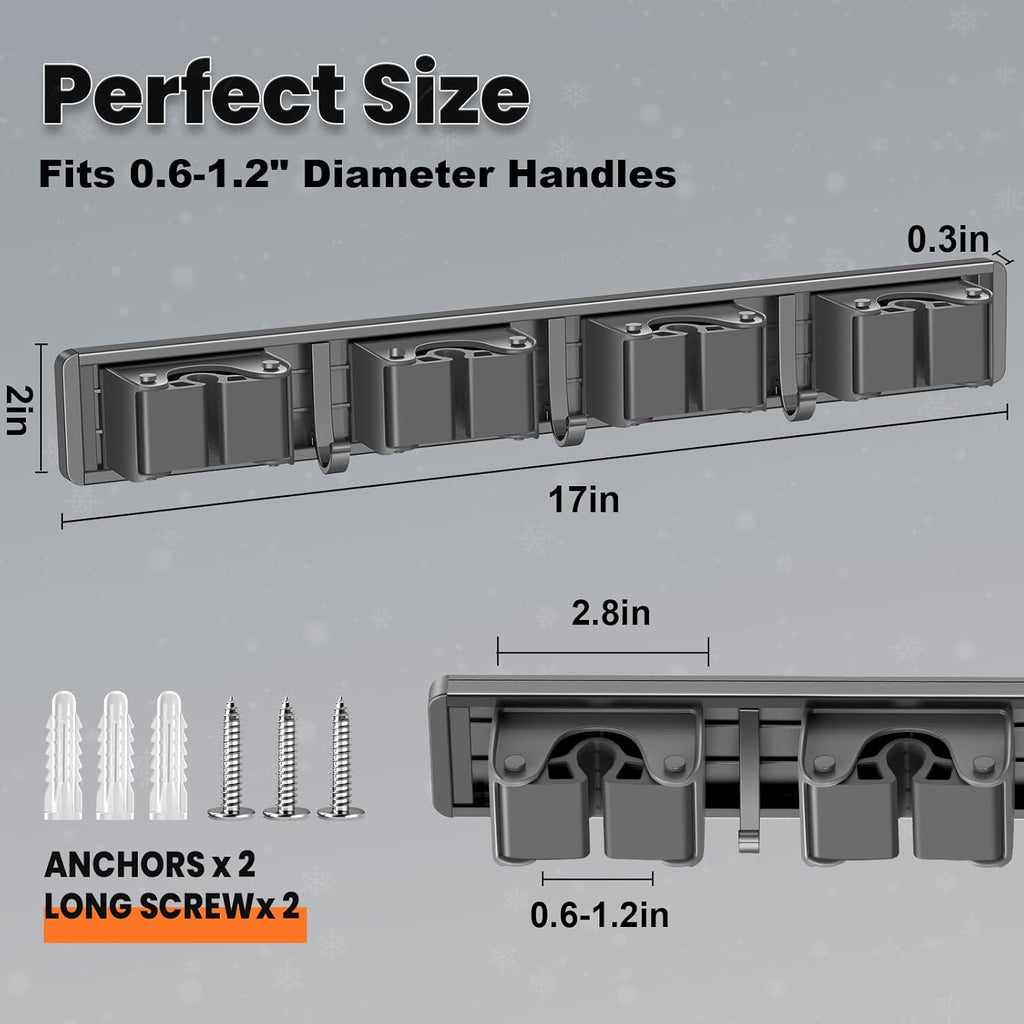 Skiennix Broom Holder Wall Mount - Organize Mops & Brooms with 4 Racks & 3 Hooks | Grey