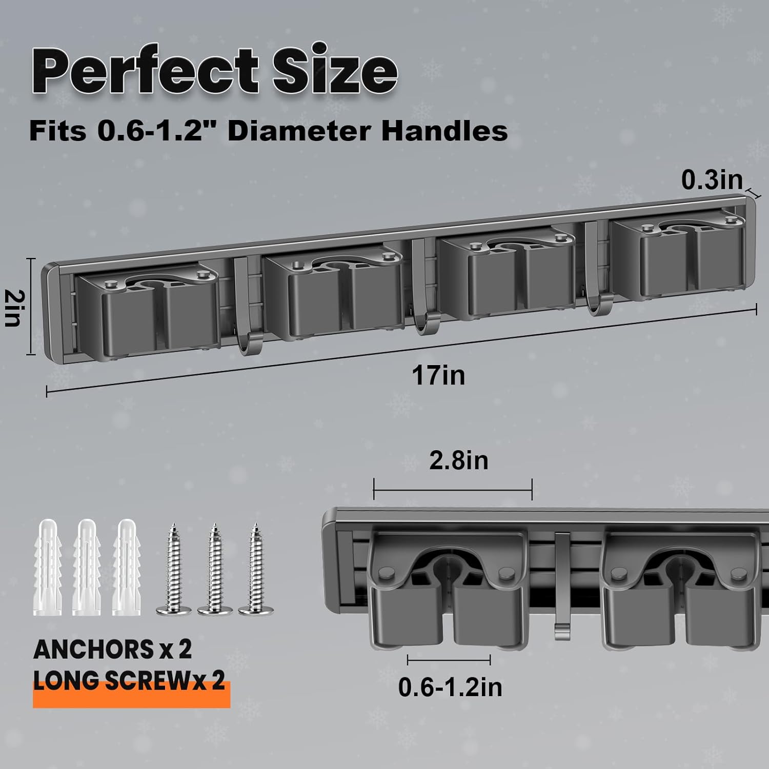 Skiennix Broom Holder Wall Mount - Organize Mops & Brooms with 4 Racks & 3 Hooks | Grey