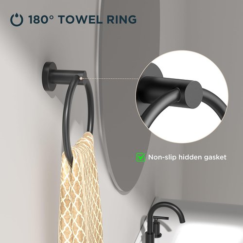 FORIOUS Towel Ring - Modern SUS304 Stainless Steel Hand Towel Holder | Matte Black, Wall-Mounted Design for Bathroom & Kitchen
