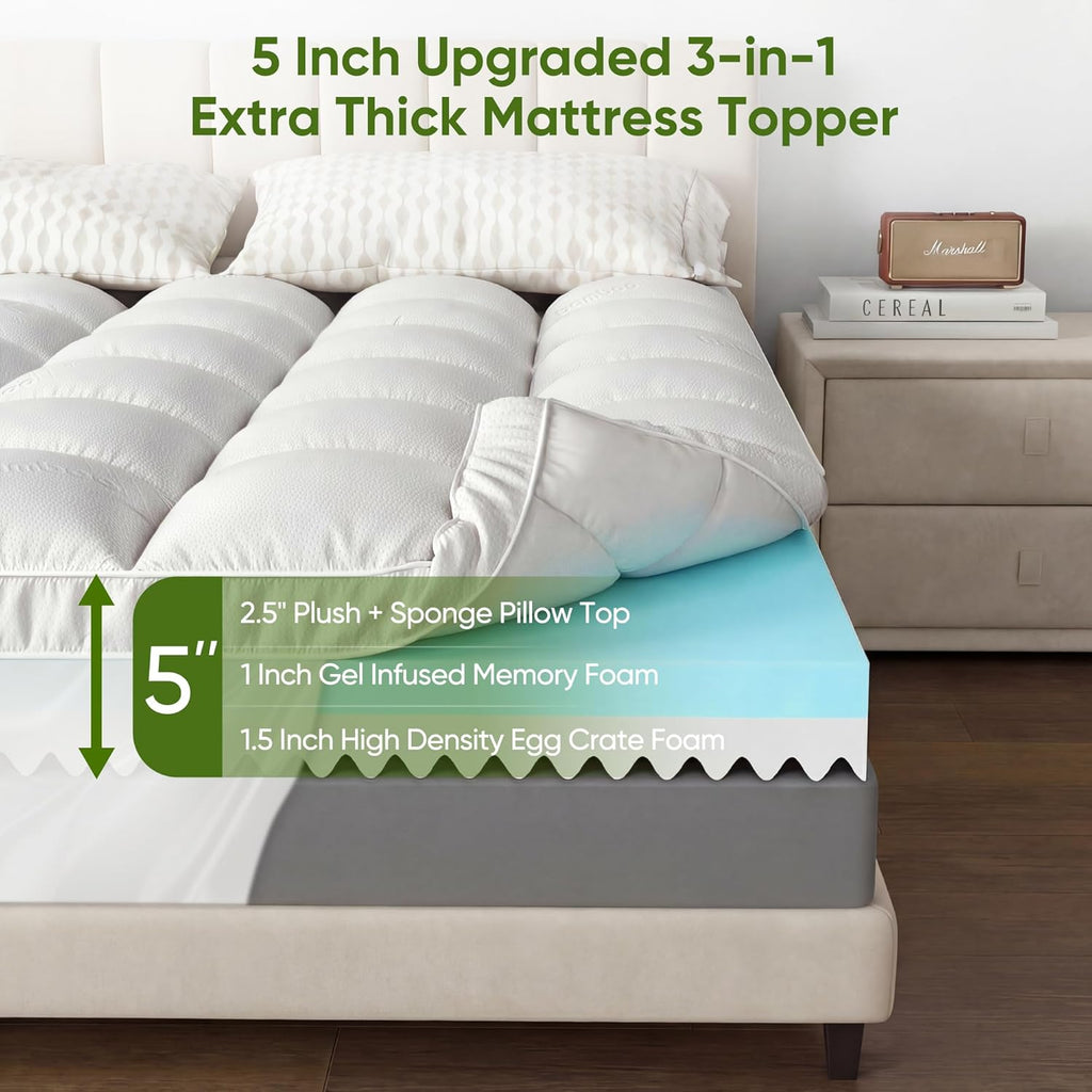 Skiennix Extra Thick Memory Foam Mattress Topper - Dual Layer 2.5" Gel Foam & Bamboo Pillow Top | Queen Size 80x60x5in