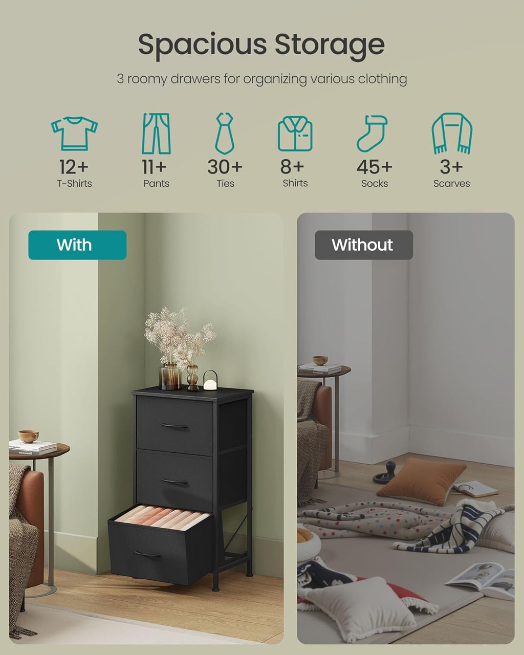 SONGMICS Dresser - Stylish Chest of Drawers with 3 Non-Woven Fabric Bins | Ink Black & Ebony Black