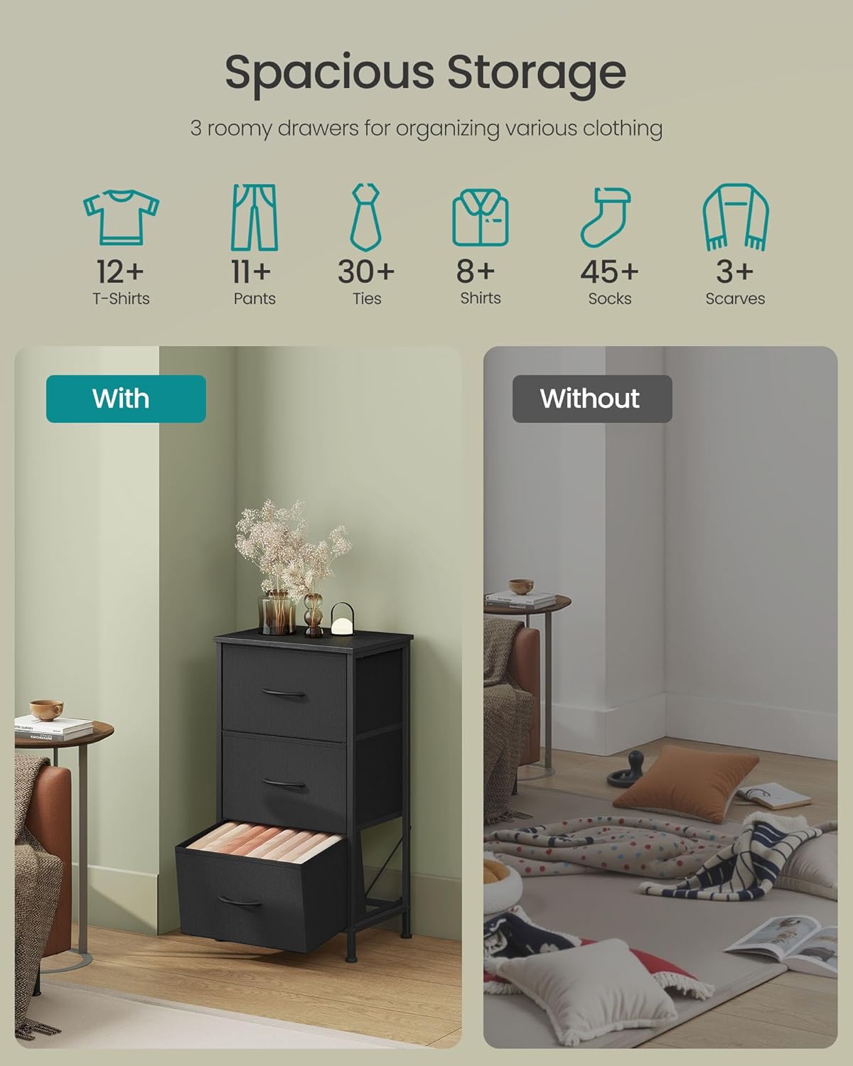 SONGMICS Dresser - Stylish Chest of Drawers with 3 Non-Woven Fabric Bins | Ink Black & Ebony Black
