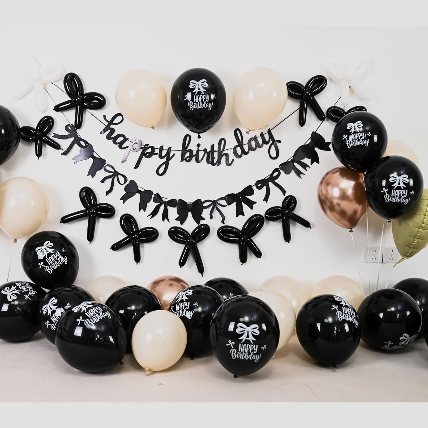 Skiennix Bow Birthday Decorations - Elegant Black & Gold Coquette Party Set with Happy Birthday Banner & Heart Foil Balloons
