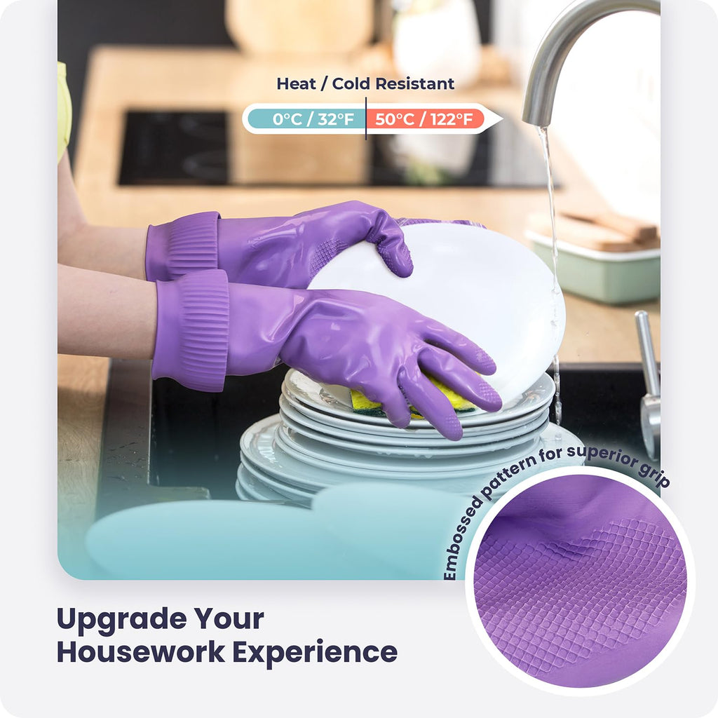 FMP Brands 3 Pairs 15 Inch Extra Long Rubber Dishwashing Gloves - Non-Slip for Cleaning, Kitchen, Bathroom, Gardening (Medium, Purple)