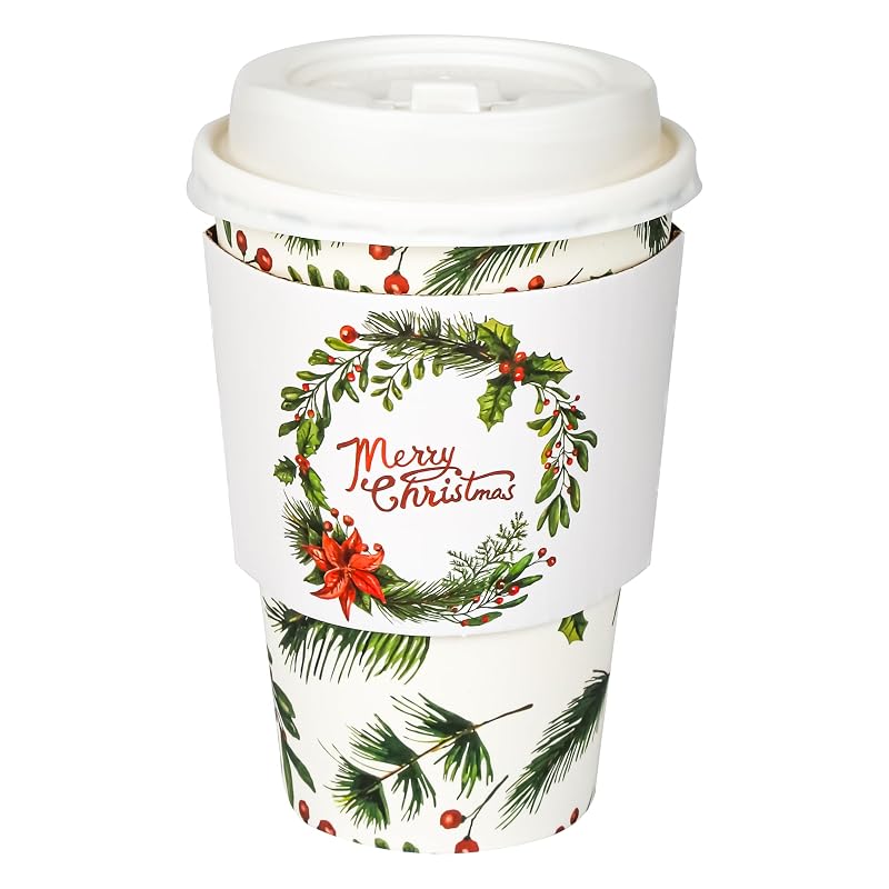 12oz Christmas Holly Berry Disposable Coffee Cups with Lids & Sleeves