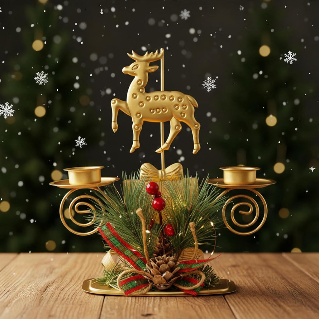 ABTOLS Reindeer Tealight Candle Holders - Festive Elk Design with Red Berry | Gold Candlestick for Christmas Decor