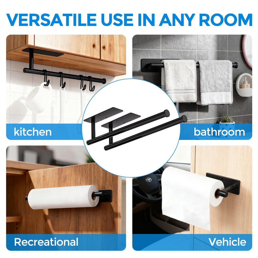 zaa Paper Towel Holder - 2 Pack Under Cabinet Paper Towel Holder, Fits Mega Paper Towel Rolls, Wall Mount Rack for Kitchen, Bathroom, RV, Adhesive or Screw Installation, Black