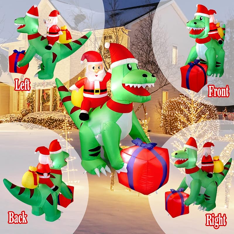 5 Ft Christmas Inflatable T-Rex Dinosaur with Santa Claus — Built-in LED, Easy Setup