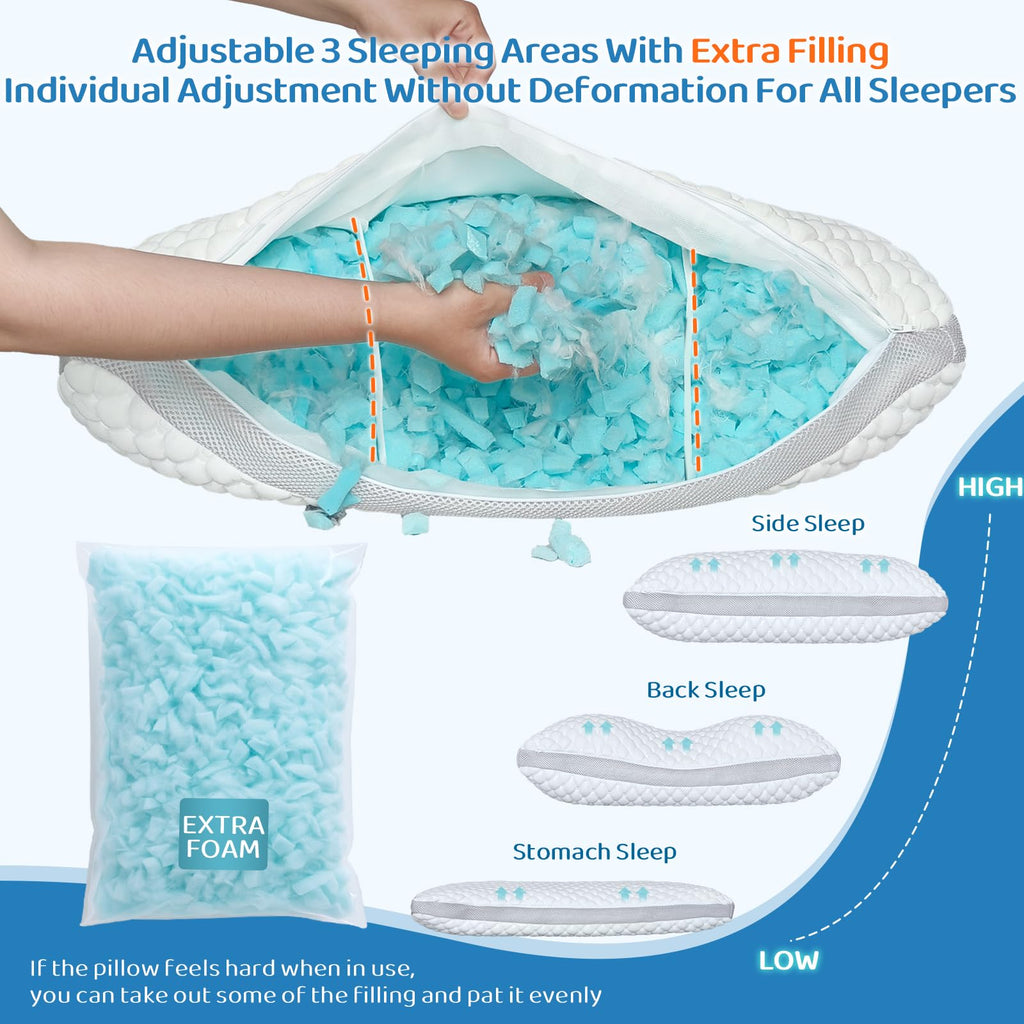 LOFE Side Sleeper Pillows for Adults - Curved Pillow with 3 Compartments for Neck Pain Relief, Adjustable Crescent Pillow Side Sleeper with Extra Shredded Memory Foam Bag and 2 Pillowcases, 19 * 29in