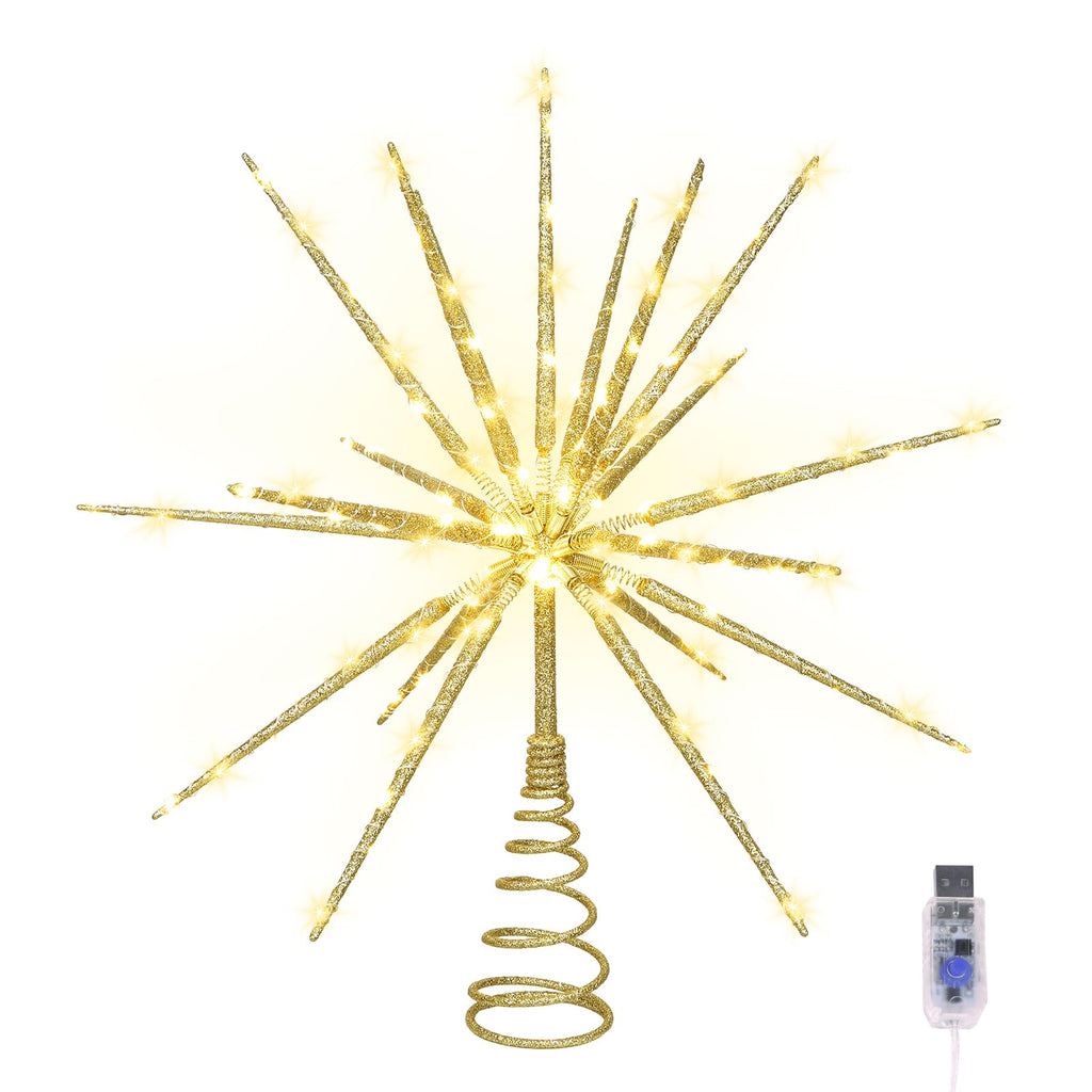 HMASYO 15 Inch Twinkling Starburst Christmas Tree Star Topper, 19-Point Gold Star Tree Topper with 150 LED, Remote Control & Timer, USB Power for Indoor Home Holiday Party Xmas Tree Decoration