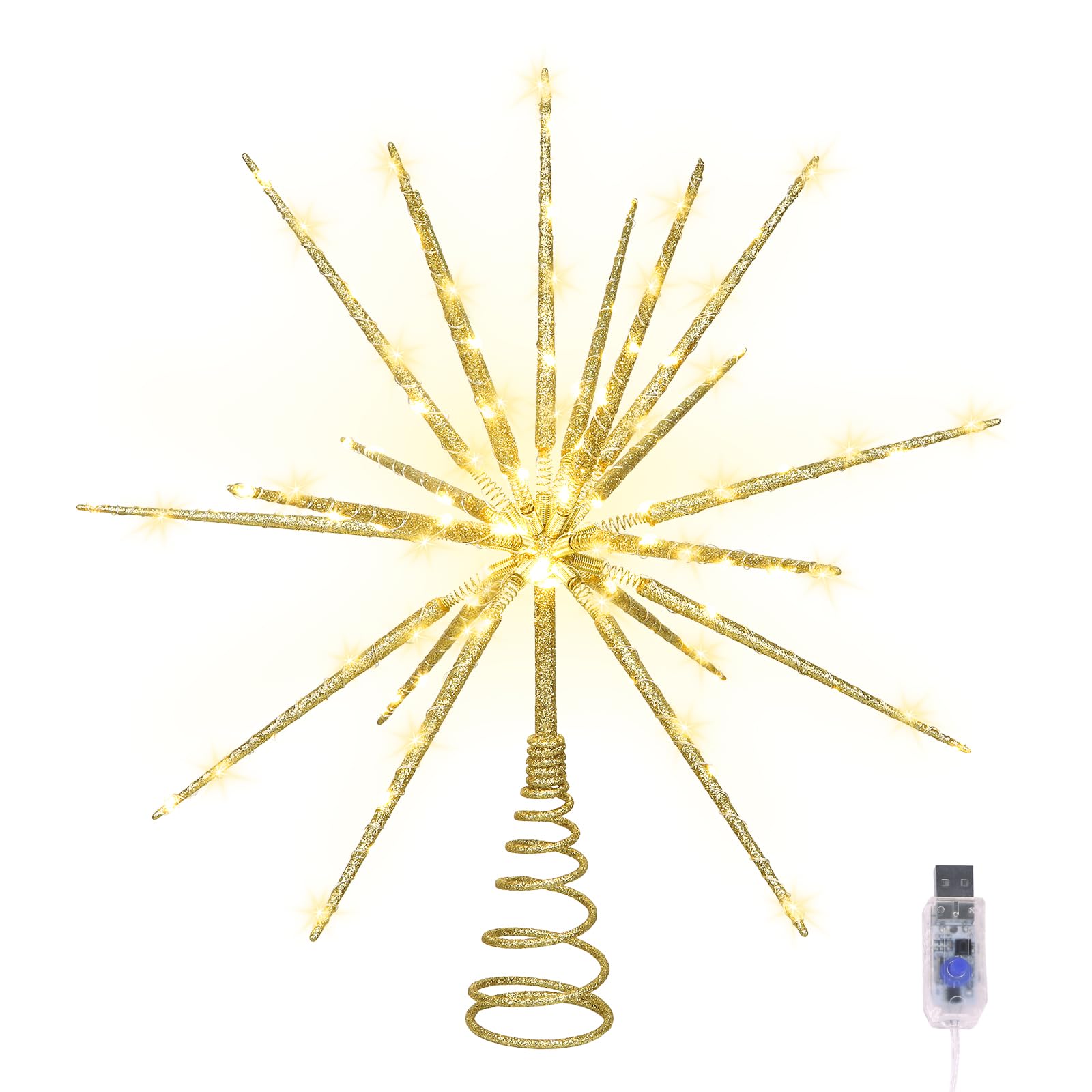 HMASYO 15 Inch Twinkling Starburst Christmas Tree Star Topper, 19-Point Gold Star Tree Topper with 150 LED, Remote Control & Timer, USB Power for Indoor Home Holiday Party Xmas Tree Decoration