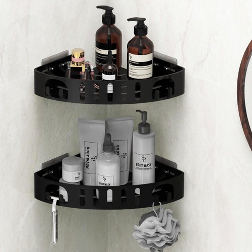 DivaDwell Depot Adhesive Corner Shower Shelf No Drill | Rust-Proof Aluminum Alloy Stick On Bathroom Organizer with Shaving Holder for Shampoo, Conditioner, Soap, Razors Black 2Pack