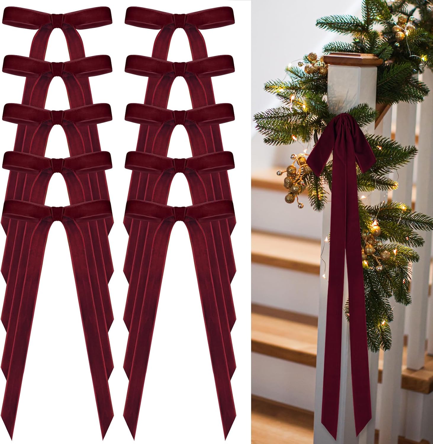 Skiennix 24 Pcs Velvet Bows - Vintage Ribbon Decorations for Christmas Tree & Crafts | Burgundy, 9 x 13 Inch