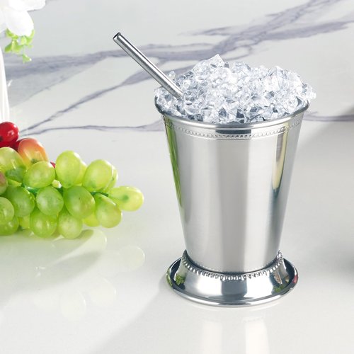 Fijinhom 12oz Mint Julep Cups with Straws Set of 4, Stainless Steel Beaded Mint Julep Cups, Mint Julep Glasses for Cocktails Mixed Drinks, Metal Cups for Beer Juice Beverage Party Bar Home Restaurant